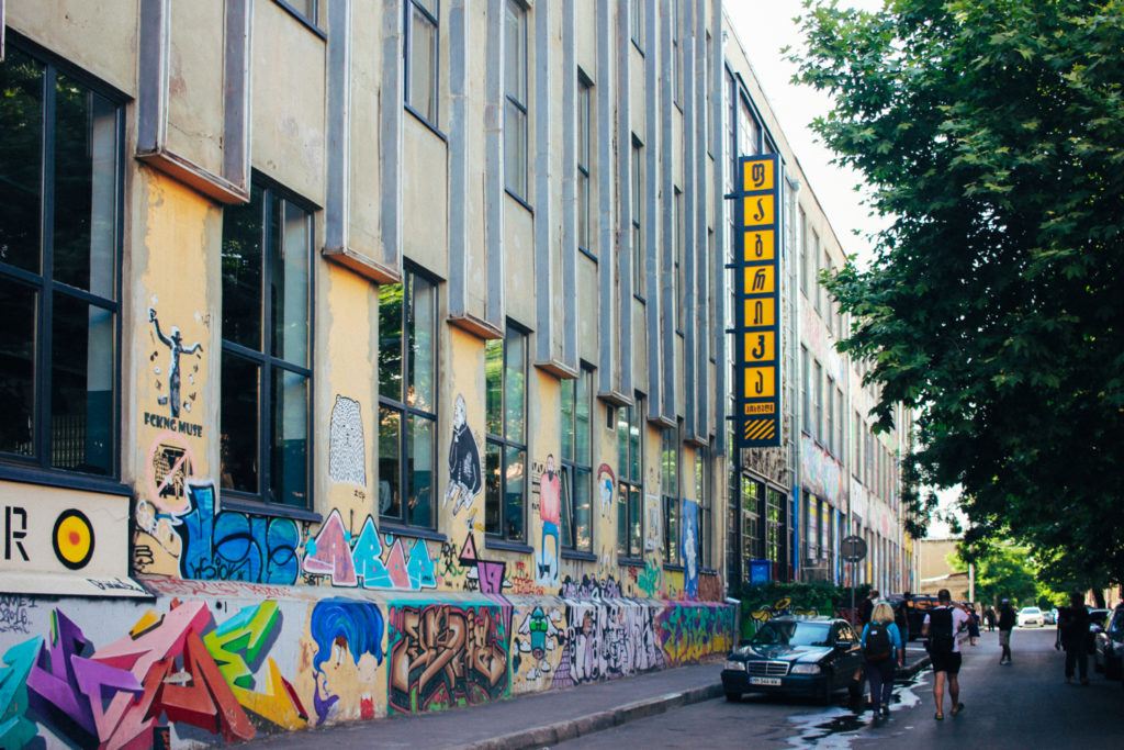 The colorful exterior of Fabrika hostel